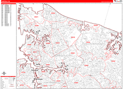 Norfolk Wall Map Zip Code Red Line Style 2026