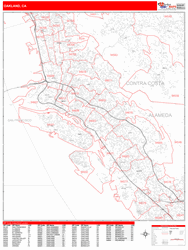 Oakland Wall Map Zip Code Red Line Style 2024