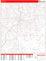 Orlando Wall Map Zip Code Red Line Style 2024