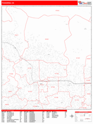 Pasadena Wall Map Zip Code Red Line Style 2024