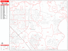 Pasadena Wall Map Zip Code Red Line Style 2024