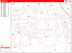 Pearland Wall Map Zip Code Red Line Style 2024