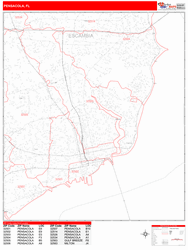 Pensacola Wall Map Zip Code Red Line Style 2024