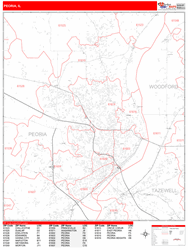 Peoria Wall Map Zip Code Red Line Style 2024