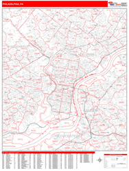 Philadelphia Wall Map Zip Code Red Line Style 2024