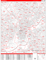 Philadelphia Wall Map Zip Code Red Line Style 2026