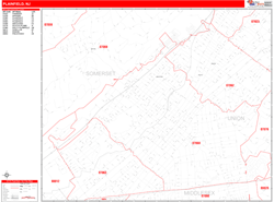 Plainfield Wall Map Zip Code Red Line Style 2024