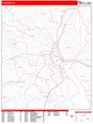 Providence Wall Map Zip Code Red Line Style 2024