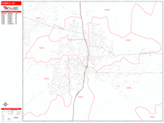 Pueblo Wall Map Zip Code Red Line Style 2024
