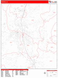 Redding Wall Map Zip Code Red Line Style 2024
