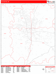 Rochester Wall Map Zip Code Red Line Style 2024