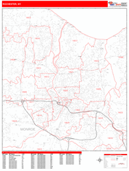 Rochester Wall Map Zip Code Red Line Style 2024
