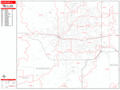 Rockford Wall Map Zip Code Red Line Style 2024