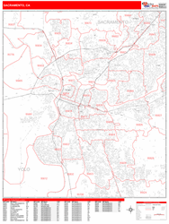 Sacramento Wall Map Zip Code Red Line Style 2024