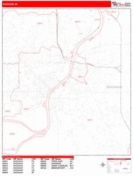 Saginaw Wall Map Zip Code Red Line Style 2024