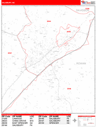 Salisbury Wall Map Zip Code Red Line Style 2024