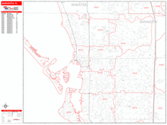 Sarasota Wall Map Zip Code Red Line Style 2024