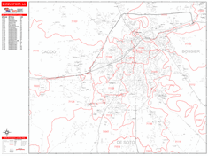 Shreveport Wall Map Zip Code Red Line Style 2024
