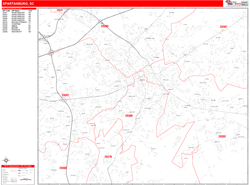 Spartanburg Wall Map Zip Code Red Line Style 2024