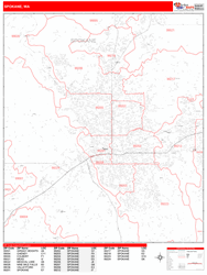 Spokane Wall Map Zip Code Red Line Style 2024