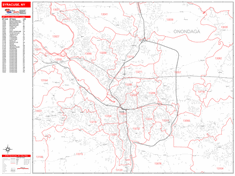 Syracuse Wall Map Zip Code Red Line Style 2024