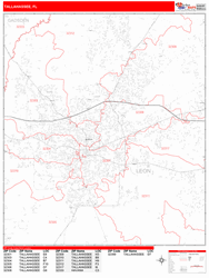 Tallahassee Wall Map Zip Code Red Line Style 2024