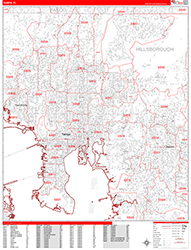 Tampa Wall Map Zip Code Red Line Style 2026