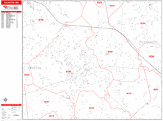 Taunton Wall Map Zip Code Red Line Style 2024