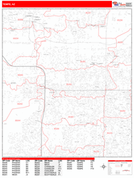 Tempe Wall Map Zip Code Red Line Style 2024