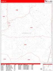 Tigard Wall Map Zip Code Red Line Style 2024
