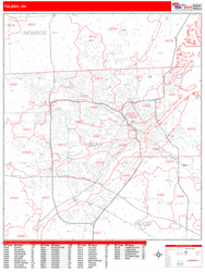 Toledo Wall Map Zip Code Red Line Style 2024