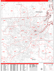Toledo Wall Map Zip Code Red Line Style 2026