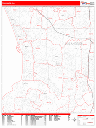 Torrance Wall Map Zip Code Red Line Style 2024