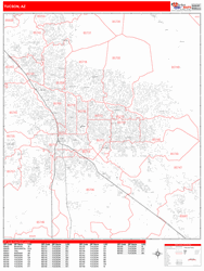 Tucson Wall Map Zip Code Red Line Style 2024