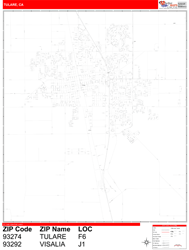 Tulare Wall Map Zip Code Red Line Style 2024