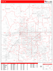 Tulsa Wall Map Zip Code Red Line Style 2024
