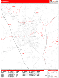 Valdosta Wall Map Zip Code Red Line Style 2024