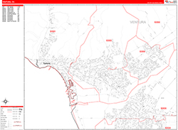 Ventura Wall Map Zip Code Red Line Style 2026