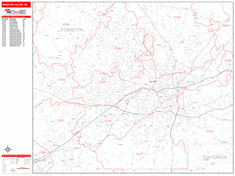 Winston-Salem Wall Map Zip Code Red Line Style 2024