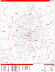Worcester Wall Map Zip Code Red Line Style 2026