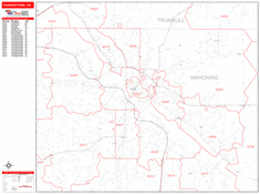 Youngstown Wall Map Zip Code Red Line Style 2024