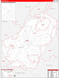 Adair County, KY Wall Map Zip Code Red Line Style 2026