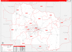 Alachua County, FL Wall Map Zip Code Red Line Style 2023