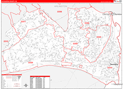 Alexandria County, VA Wall Map Zip Code Red Line Style 2026