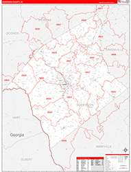 Anderson County, SC Wall Map Zip Code Red Line Style 2026