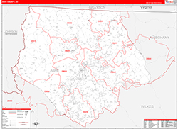 Ashe County, NC Wall Map Zip Code Red Line Style 2026