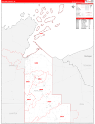 Ashland County, WI Wall Map Zip Code Red Line Style 2024