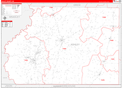 Ashley County, AR Wall Map Zip Code Red Line Style 2026