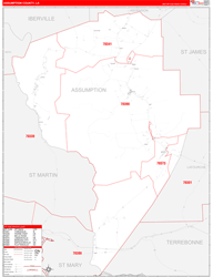 AssumptionParish (County), LA Wall Map Zip Code Red Line Style 2024