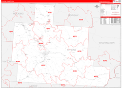 Athens County, OH Wall Map Zip Code Red Line Style 2024